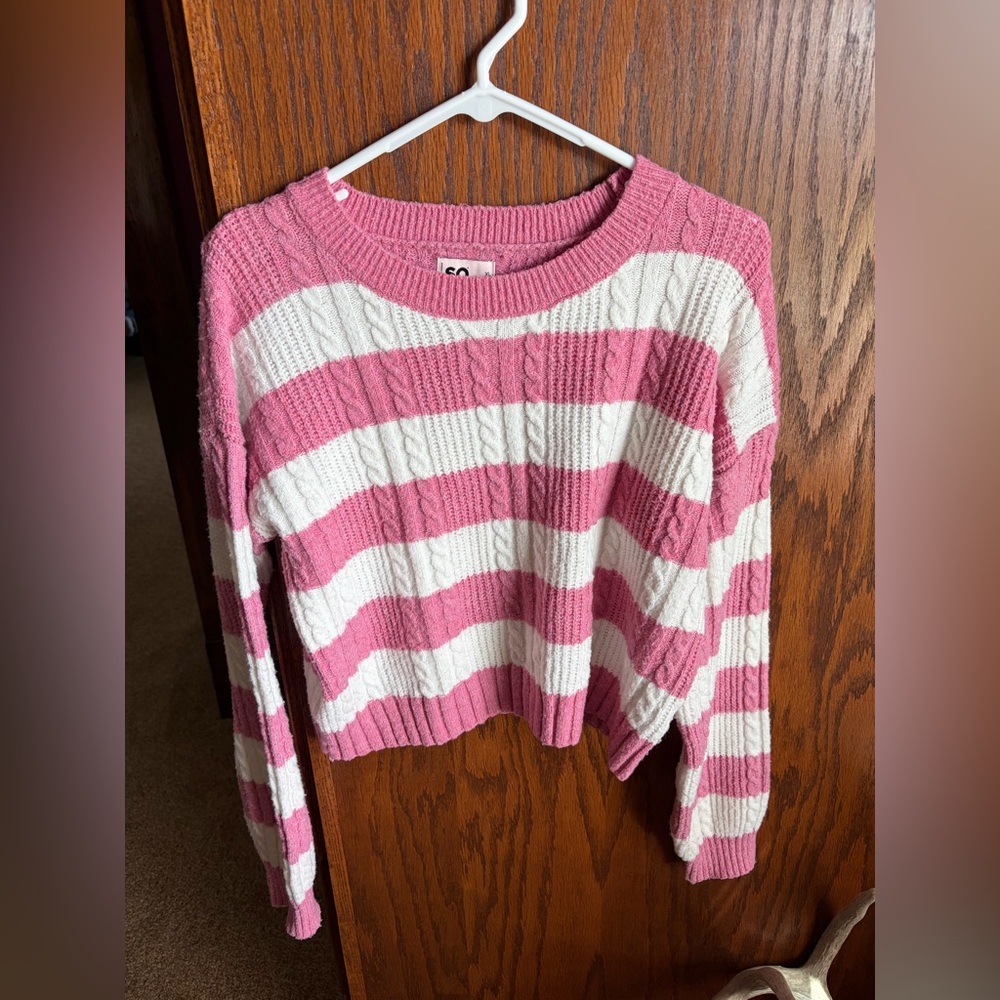 Girls Striped Pink and White Cable-Knit Sweater